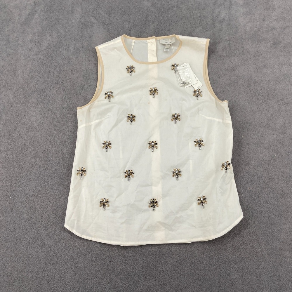 J. Crew Blouse Top Women 4 Cream Tan Contrast Trim Embellished Jewel Back Button